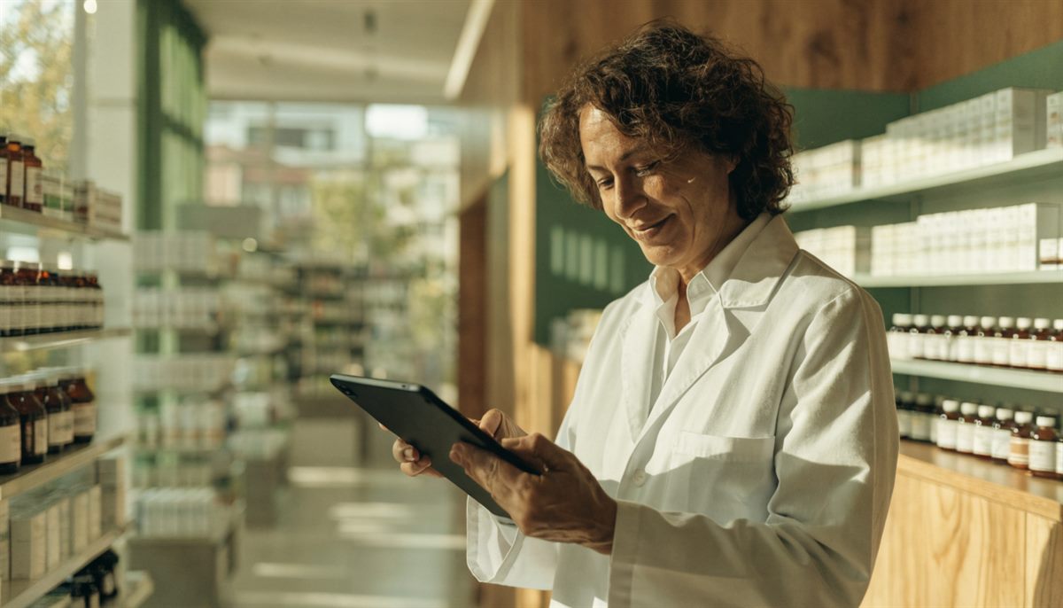 Pharmazeutin prüft Bestellungen am Tablet